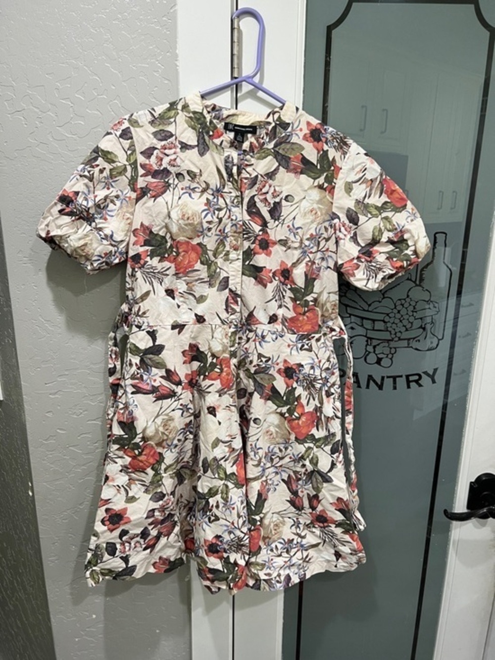 INC International Concepts Cream Floral Button Romper with Red & Green Accents
